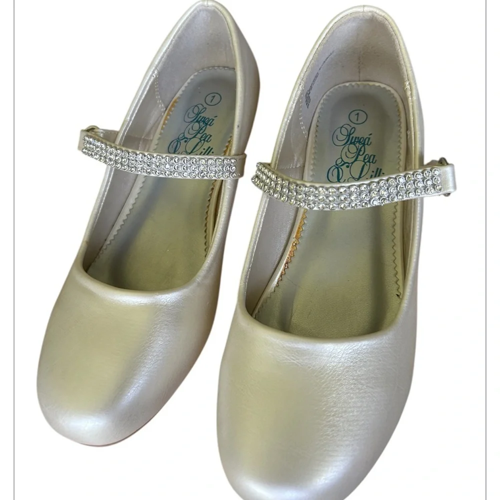Swea Pea & Lilli girls formal Mary Janes Pearl White Rhinestones Excellent 1